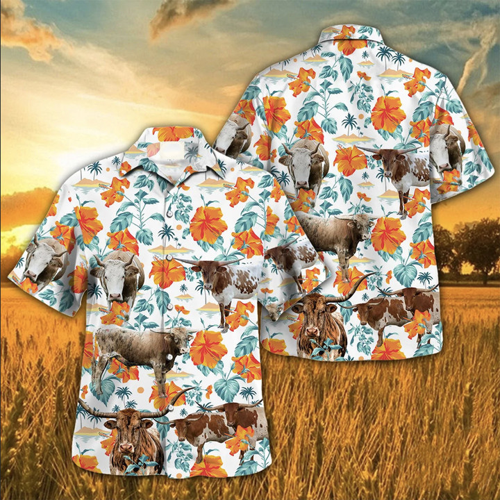 White And Brown Longhorn With Orange Floral Hawaii Hawaiian Shirt