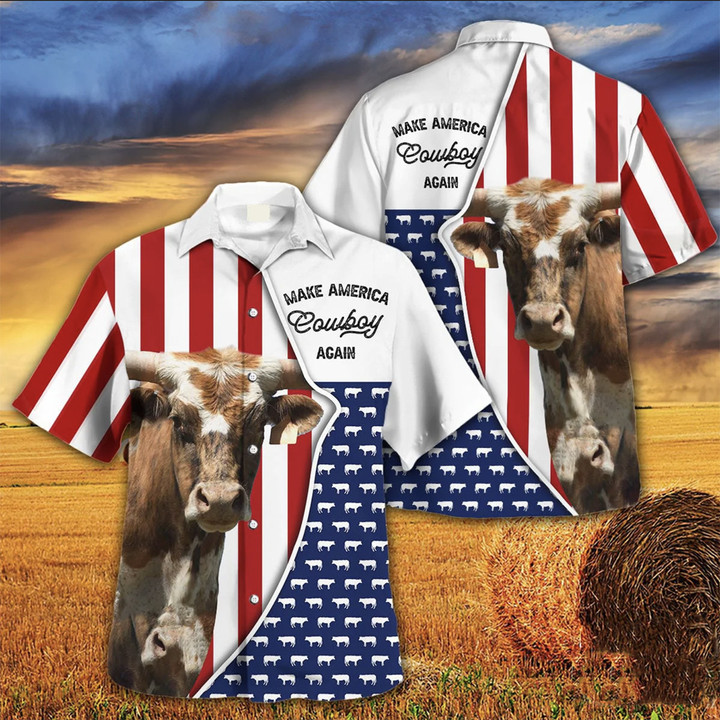 White And Brown Longhorn Make America Cowboy Hawaii Hawaiian Shirt