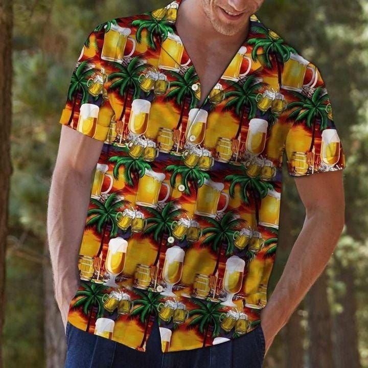 Palm Tree On The Beach And Beer Cups Oktoberfest Celebration Beer Hawaii Hawaiian Shirt