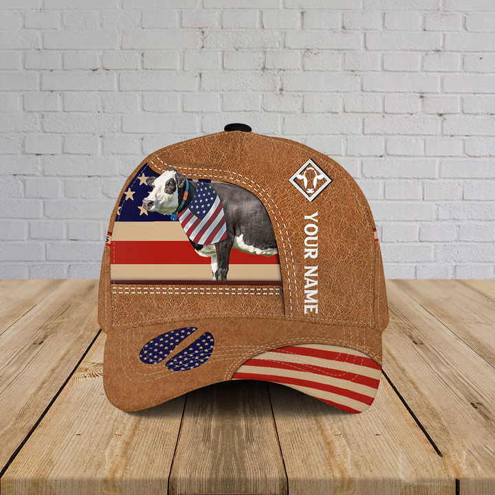 Independence Day Personalized Black Fleckvieh Cattle With American Flag Custom Name Baseball Cap Classic Hat Men Woman Unisex