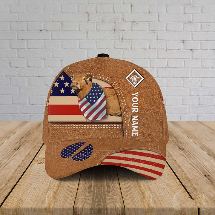 Independence Day Personalized Brown Limousin Cattle With American Flag Custom Name Baseball Cap Classic Hat Men Woman Unisex