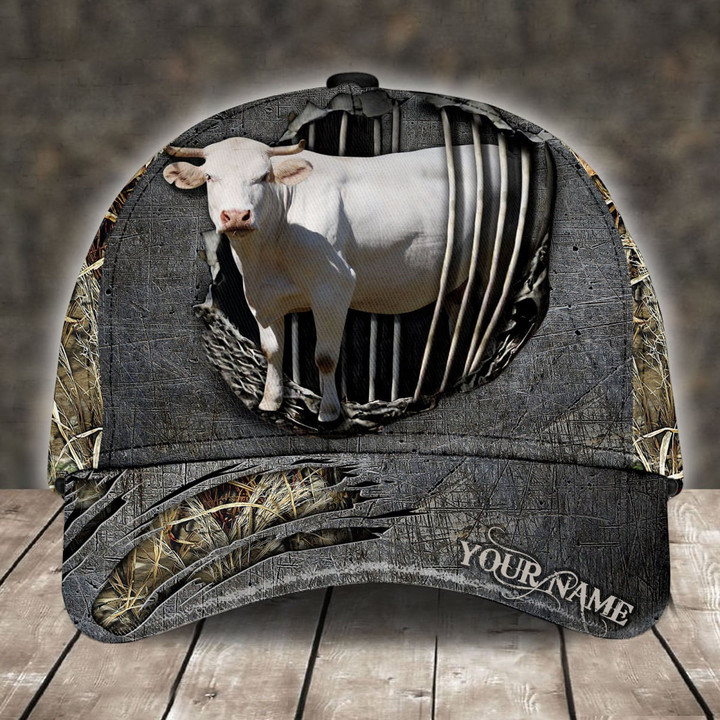 Personalized White Charolais Cattle In A Gray Hole Pattern Customized Baseball Cap Classic Hat Men Woman Unisex