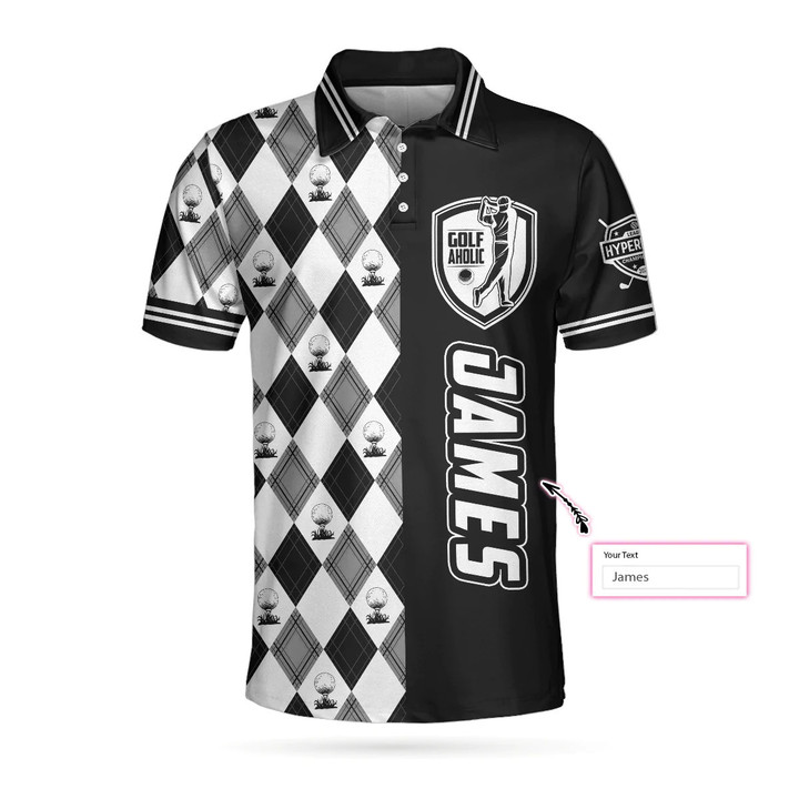 Personalized Golf Aholic Black And White Argyle Pattern Athletic Collared Men's Custom Name Polo Shirts Short Sleeve