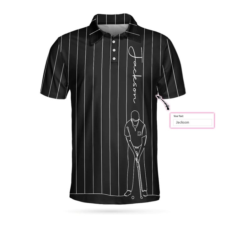 Personalized Black And White One Line Drawing Golfer Athletic Collared Men's Custom Name Polo Shirts Short Sleeve