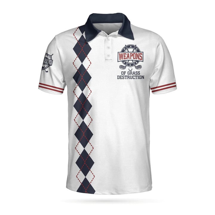 Golf Weapons Of Grass Destruction White And Navy Argyle Pattern Athletic Collared Men's Polo Shirts Short Sleeve