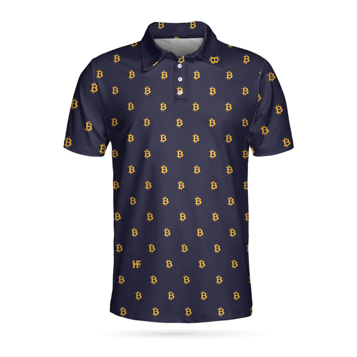 Navy Blue And Gold Seamless Pattern Bitcoin Athletic Collared Men's Polo Shirts Short Sleeve