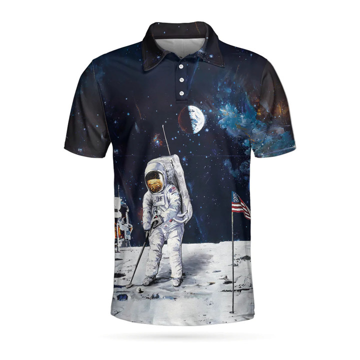 Golf Astronaut Moon American Flag Athletic Collared Men's Polo Shirts Short Sleeve