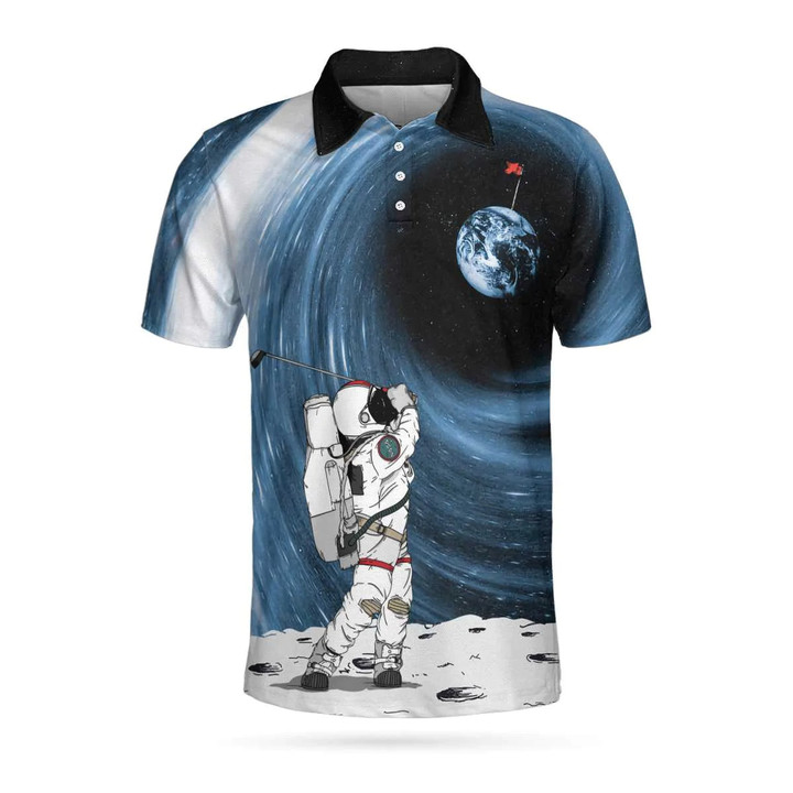 Astronaut Golfing Outer Space Black Golf Athletic Collared Men's Polo Shirts Short Sleeve