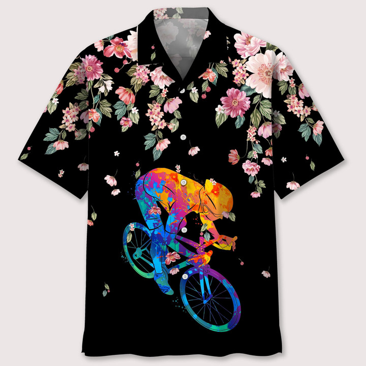 Cycling Watercolors With Flowers Black Hawaii Hawaiian Shirt