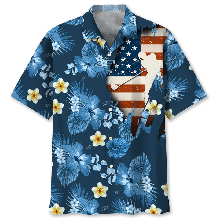 Play Golf And USA Flag With Hibiscus Flower Plumeria Flower Hawaii Hawaiian Shirt