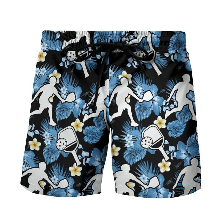 Pickleball With Hibiscus Flower And Plumeria Flower Beach Black Drawstring Shorts Trunks For Men