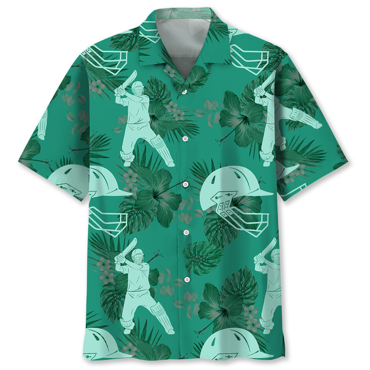 Cricket And Helmet With Hibiscus Flower Green Hawaii Hawaiian Shirt