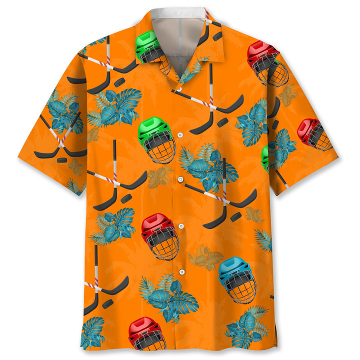 Hockey And Helmet With Tropical Orange Hawaii Hawaiian Shirt