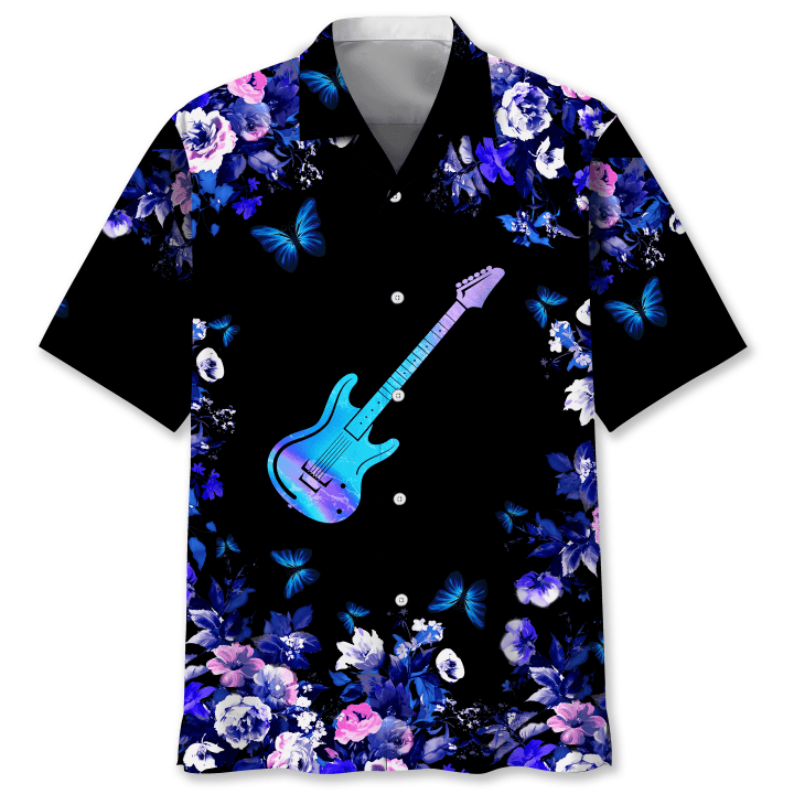 Guitar With Glowing Butterflies And Tropical Flowers Hawaii Hawaiian Shirt