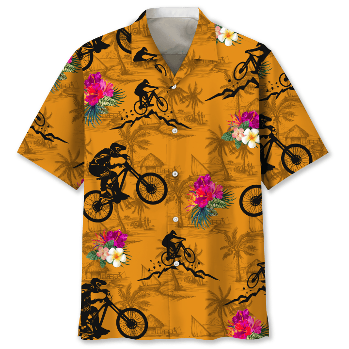 Mountain Bike With Boat And Coconut Tree On Island Hawaii Hawaiian Shirt