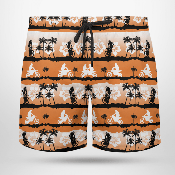 Motocross With Hibiscus Flower And Coconut Sunset Beach Black Drawstring Shorts Trunks For Men