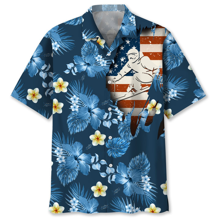 Skiing And USA Flag Ripped With Blue Hibiscus Flower Plumeria Flower Hawaii Hawaiian Shirt
