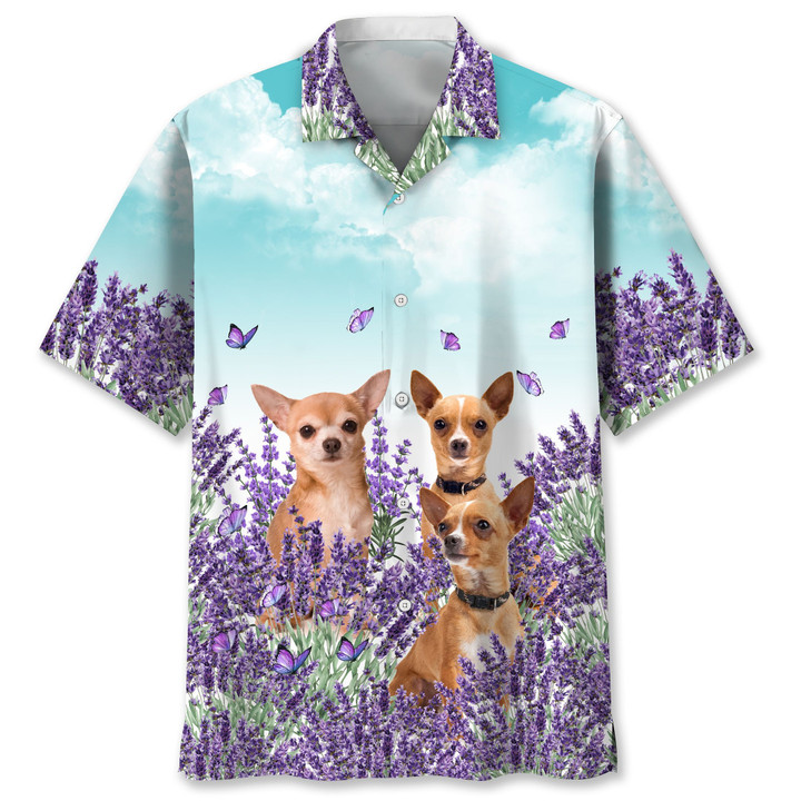 Chihuahua Dog And Butterflies In The Lavender Field Hawaii Hawaiian Shirt