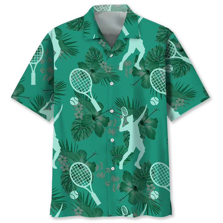 Tennis And Ball With Hibiscus Flower Kelly Green Hawaii Hawaiian Shirt