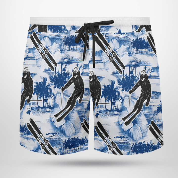 Skiing With Hibiscus Flower And Palm Tree Beach Black Drawstring Shorts Trunks For Men