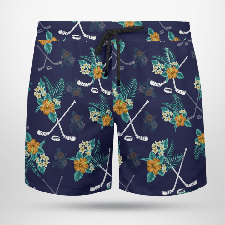 Hockey With Plumeria Flower And Flower Tropical Beach Black Drawstring Shorts Trunks For Men