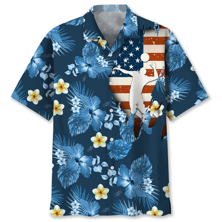 Volleyball And USA Flag Ripped With Plumeria Flower Blue Hawaii Hawaiian Shirt
