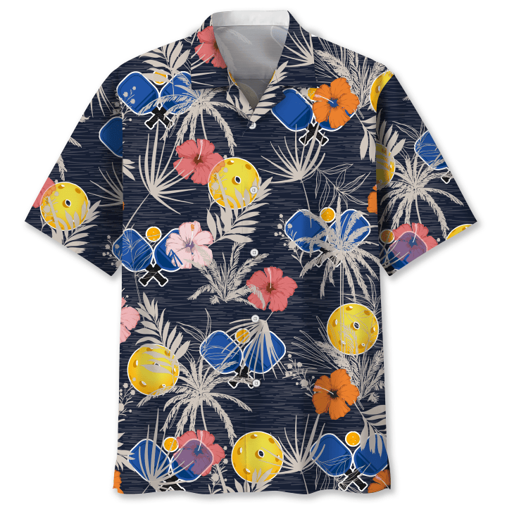 Pickleball And Ball With Hibiscus Flower Tropical Nature Hawaii Hawaiian Shirt