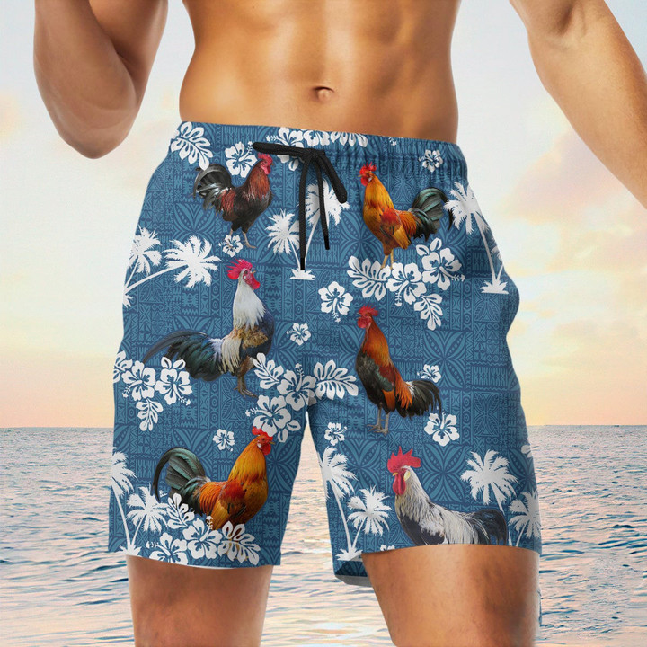 White Black And Yellow Chicken Cattle With Blue Coconut Palm Beach Shorts Trunks For Men