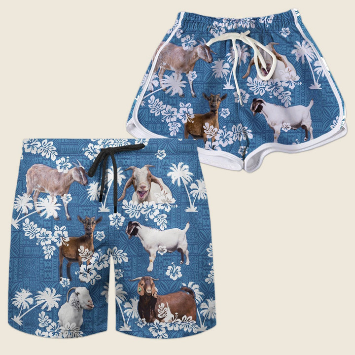 White And Brown Goat Cattle With Blue Coconut Palm Beach Shorts Trunks Couple Matching