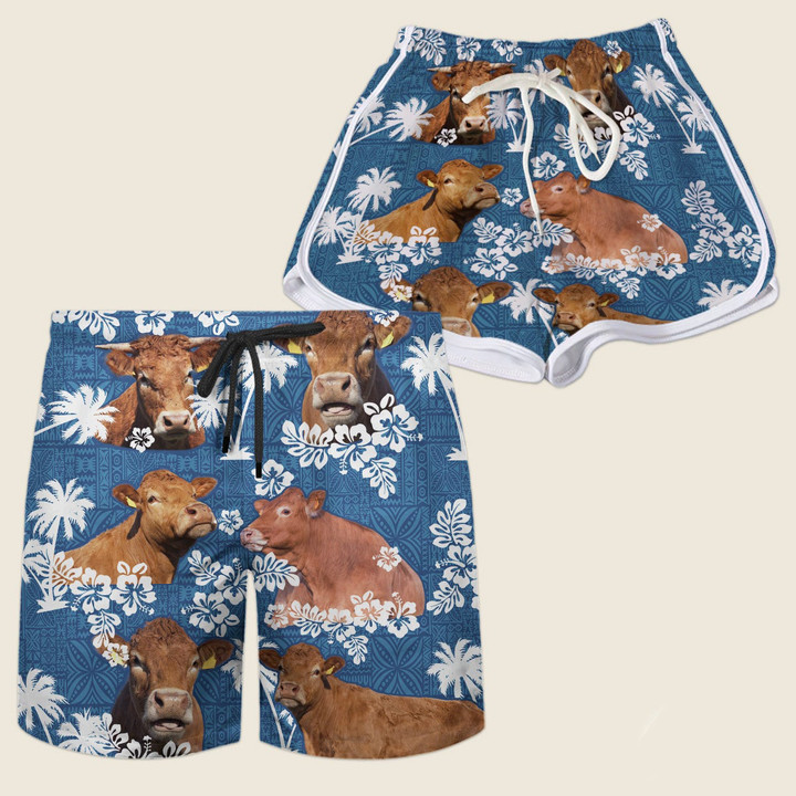 Brown Limousin Cattle With Blue Coconut Palm Beach Shorts Trunks Couple Matching
