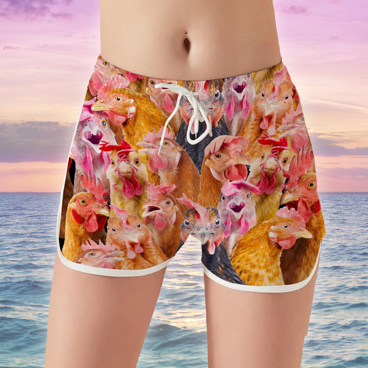 Full Of Red And Yellow Chicken Cattle Beach Shorts Trunks For Women