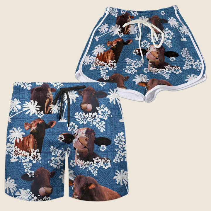 Brown Santa Gertrudis Cattle With Blue Coconut Palm Beach Shorts Trunks Couple Matching