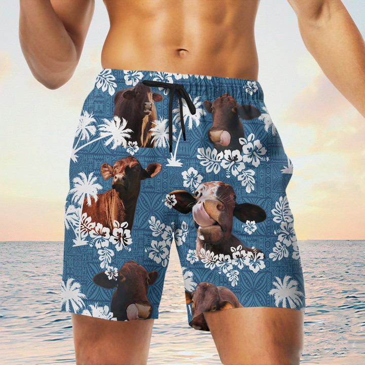 Brown Santa Gertrudis Cattle With Blue Coconut Palm Beach Shorts Trunks For Men