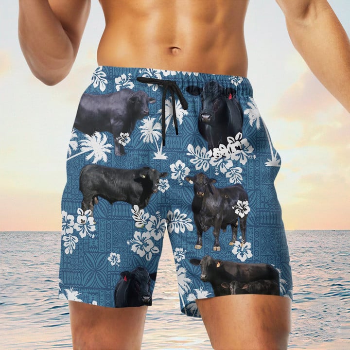 Black Brangus Cattle With Blue Coconut Palm Beach Shorts Trunks For Men