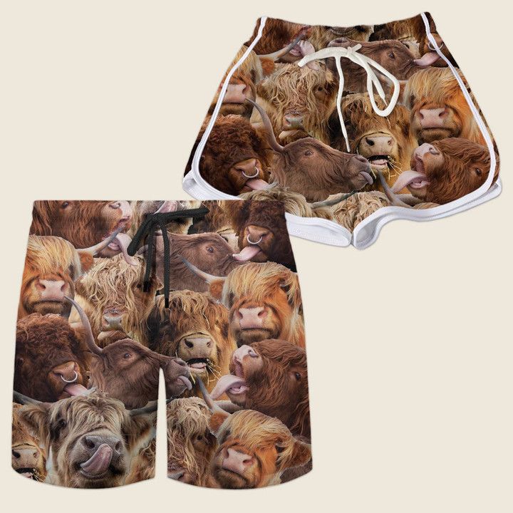 Full Of Brown Highland Herd Cattle Beach Shorts Trunks Couple Matching