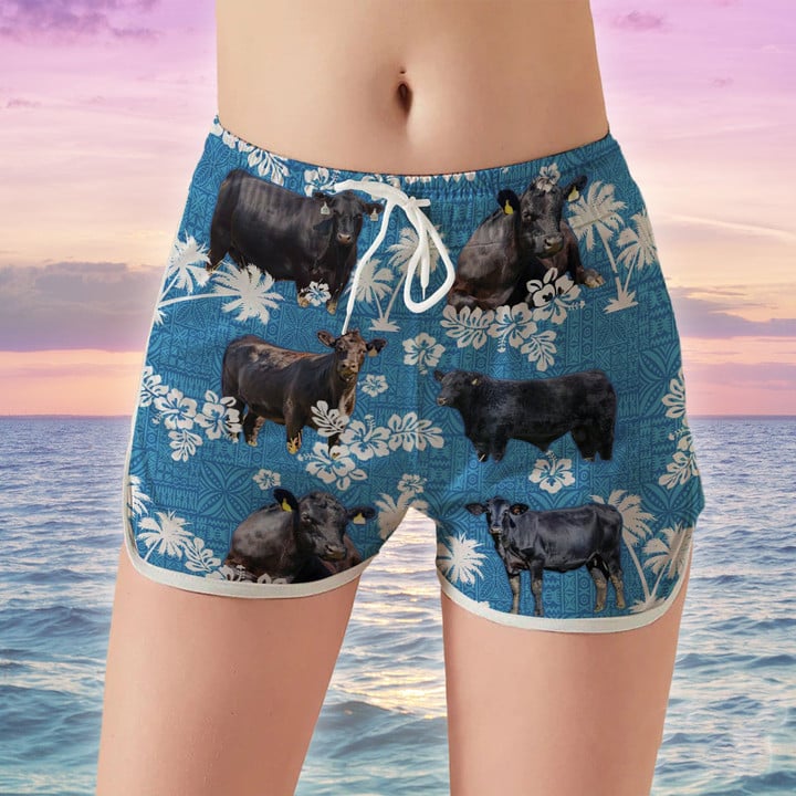 Black Angus Cattle With Blue Coconut Palm Beach Shorts Trunks For Women