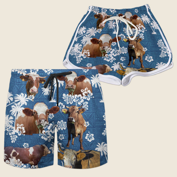 White And Brown Simmental Cattle With Blue Coconut Palm Beach Shorts Trunks Couple Matching