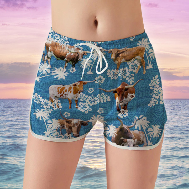 White And Brown Longhorn Cattle With Blue Coconut Palm Beach Shorts Trunks For Women