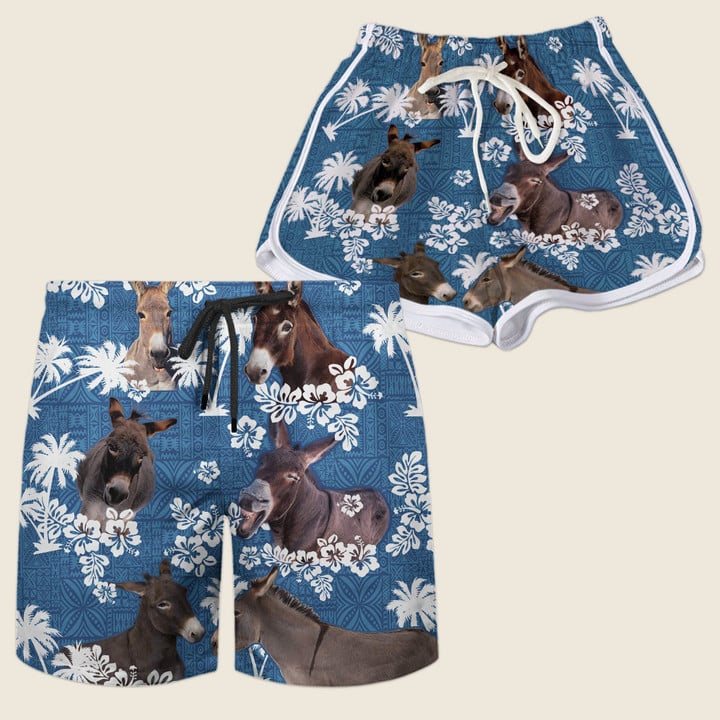 Black Mule Cattle With Blue Coconut Palm Beach Shorts Trunks Couple Matching
