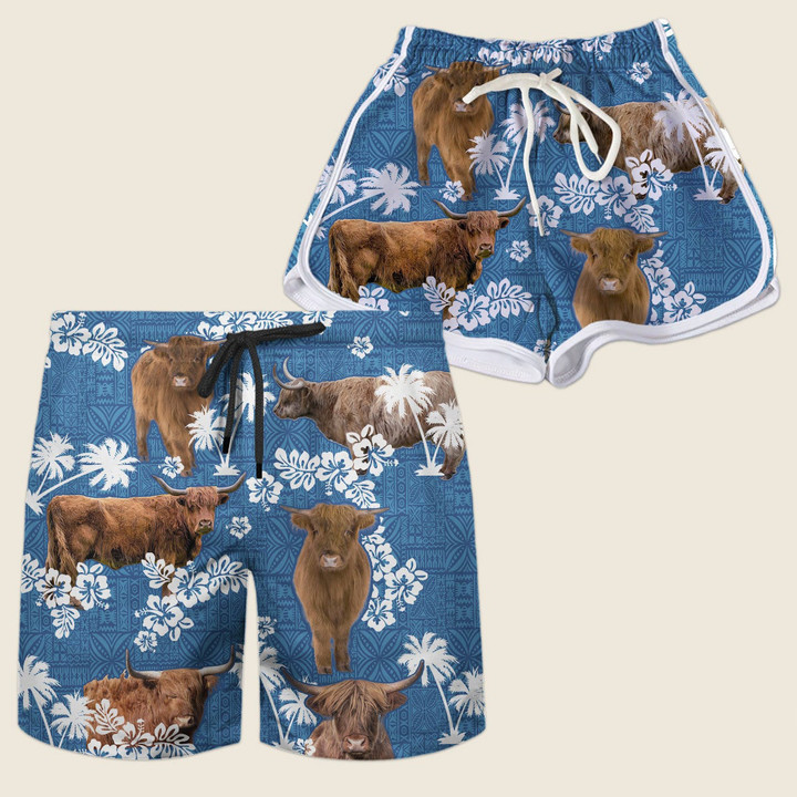 Brown Highland Cattle With Blue Coconut Palm Beach Shorts Trunks Couple Matching