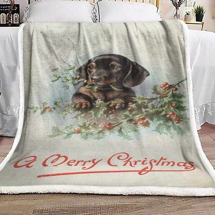 Vintage Tree Branches With Dachshund Christmas Design Fleece Sherpa Throw Blanket