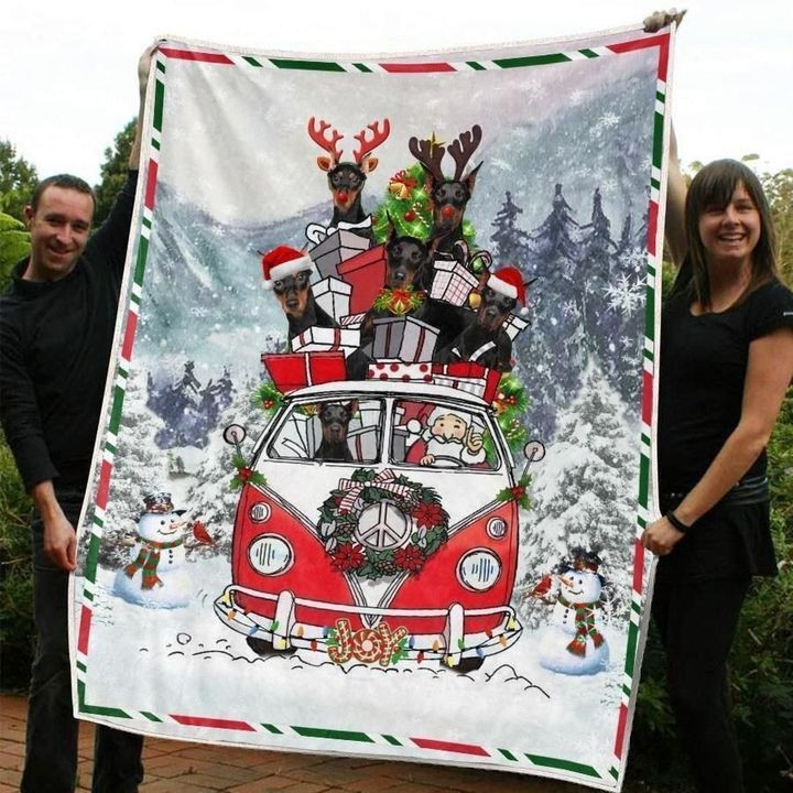 Red And White Bus With Dobermann Christmas Design Fleece Sherpa Throw Blanket