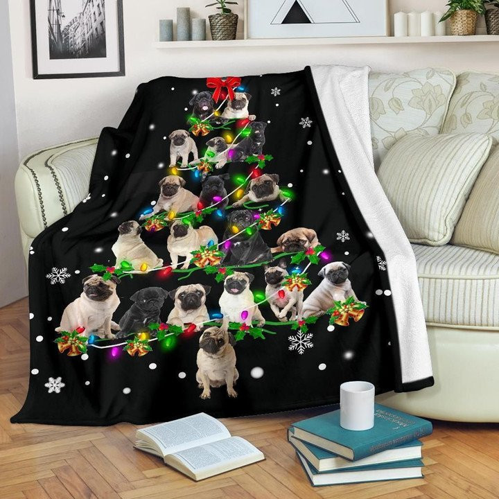 Homemaking Cute Pug Christmas Tree Design Fleece Sherpa Throw Blanket
