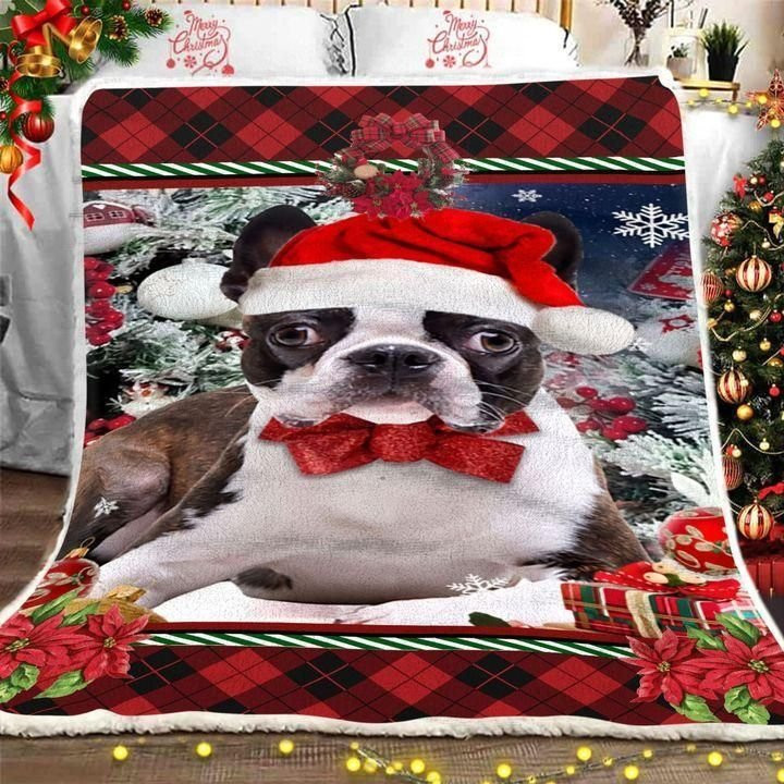 Red Gingham Boston Terrier Christmas Gift For Dog Lovers Fleece Sherpa Throw Blanket