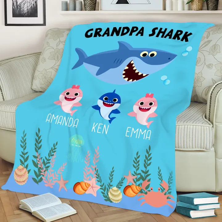 Adorable Grandpa Shark On Blue Ocean Fleece Sherpa Throw Blanket
