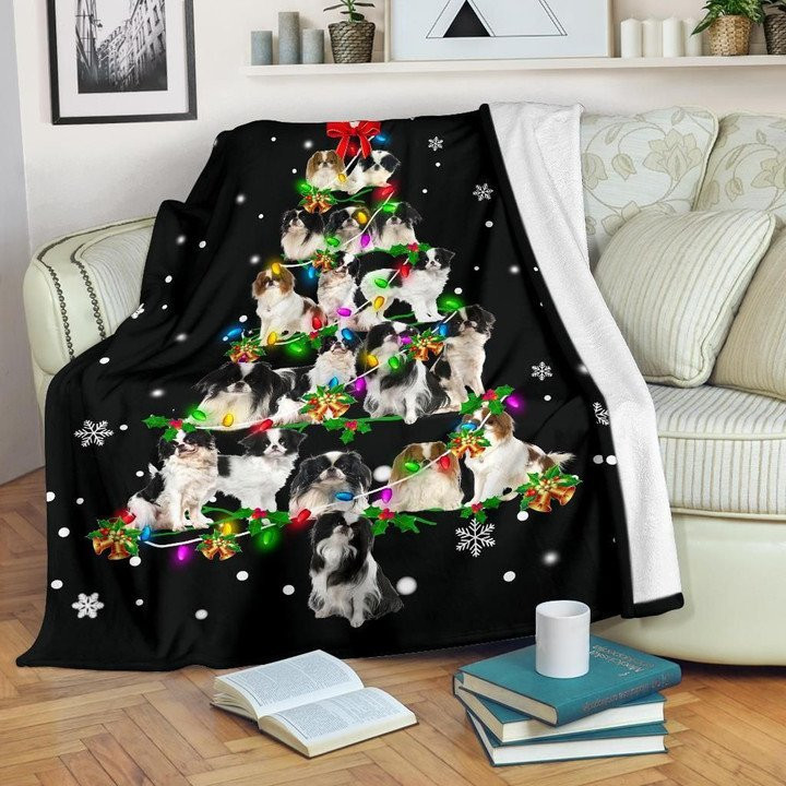 Baby Japanese Chin Christmas Tree Design Fleece Sherpa Throw Blanket