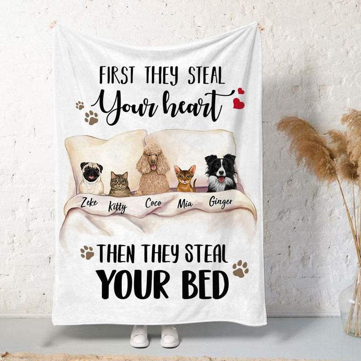 Funny Dogs And Cats On Owner Bed Custom Name Fleece Sherpa Throw Blanket