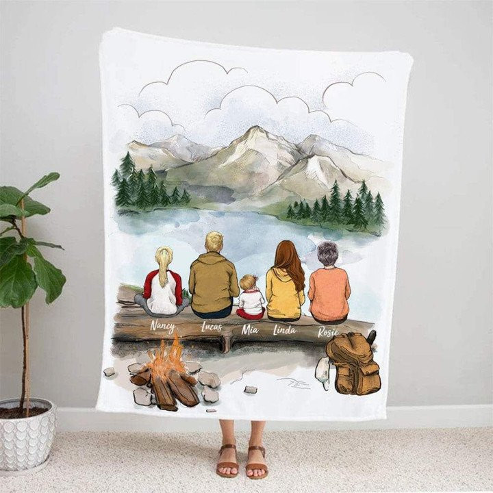 Mountain Hiking Scenery With The Whole Family Art Custom Name Fleece Sherpa Throw Blanket