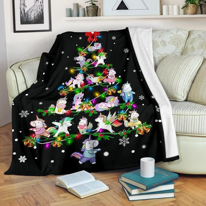 Fairy Tale Cartoon Unicorn Arrange In A Christmas Tree Fleece Sherpa Throw Blanket