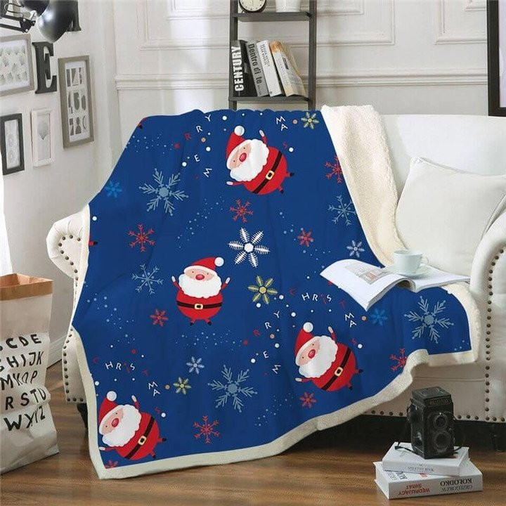Happy New Year Gift Christmas Snowflakes And Santa Claus Fleece Sherpa Throw Blanket